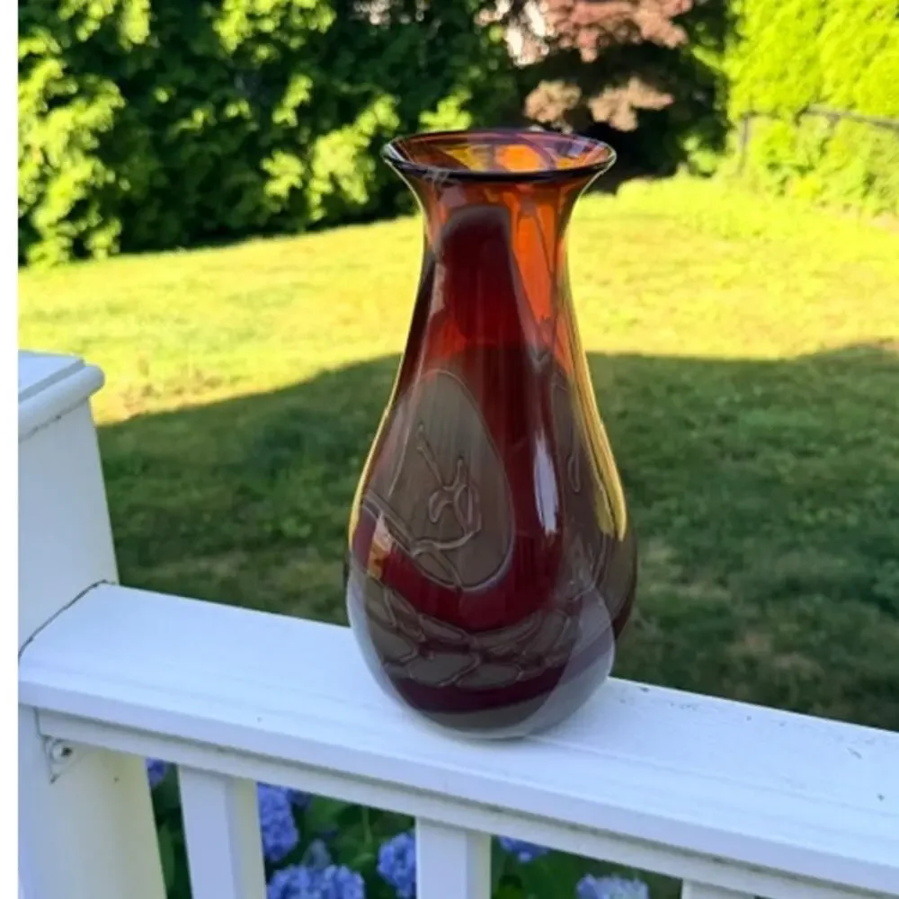 Vintage Eben Horton Signed 2005 Studio Art Glass Vase Amber Burgundy 10